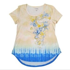 Coral Bay Tropical Embellished Gold Studs Tie Dye Shirt Seashells Yellow Blue Sm